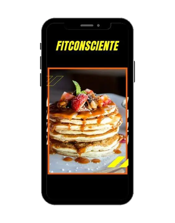 Teléfono móvil mostrando la portada del programa Fitconsciente con un plato de panqueques