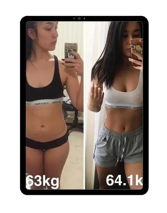 Comparativa antes y después de una mujer en el espejo, de 63 a 64,1 kilos